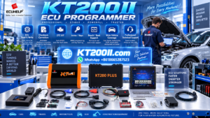 Automotive technician performing pre and post ECU programming diagnostic scans before using KT200II for ECU read and write