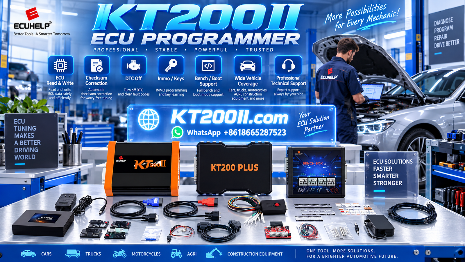 Automotive technician performing pre and post ECU programming diagnostic scans before using KT200II for ECU read and write
