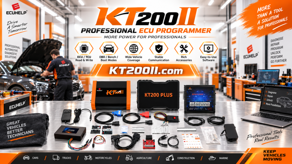 Professional ECU technician preparing customer vehicle programming job with KT200II workstation checklist and ECU information records