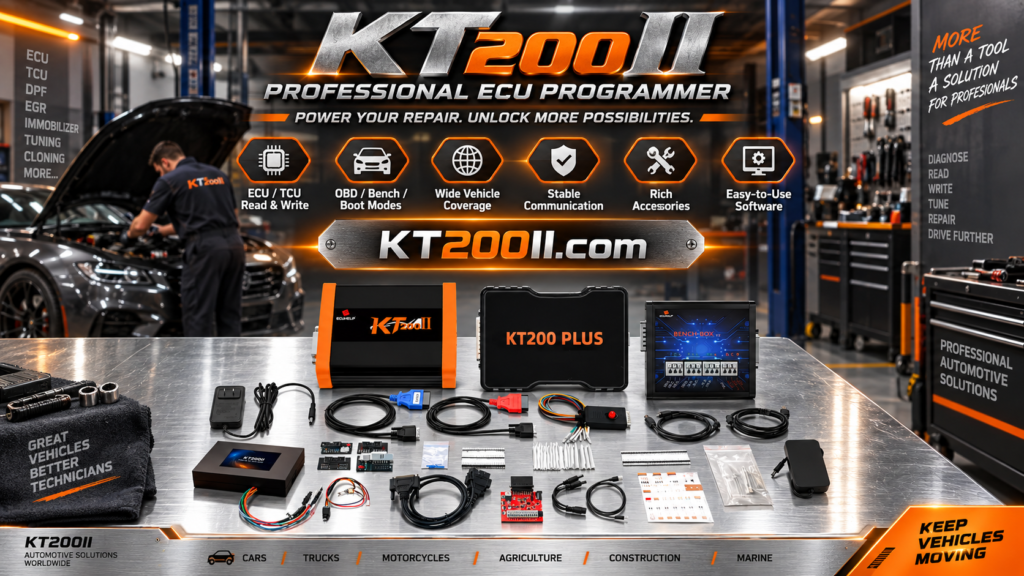 Technician preparing ECU recovery workflow after failed programming attempt with KT200II ECU Programmer and backup files