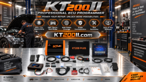 Technician preparing ECU recovery workflow after failed programming attempt with KT200II ECU Programmer and backup files