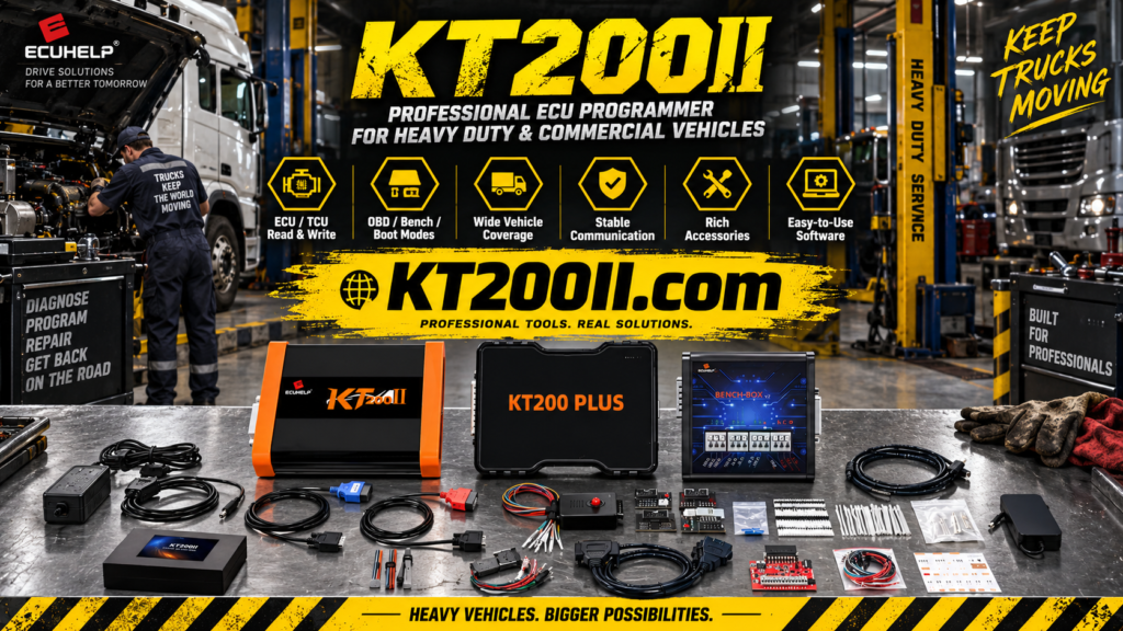 Technician installing ECU programming software on laptop and preparing KT200II programmer workstation before ECU connection
