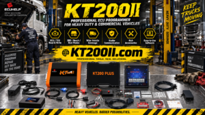 Technician installing ECU programming software on laptop and preparing KT200II programmer workstation before ECU connection