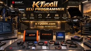 Automotive technician programming replacement ECU module in professional workshop