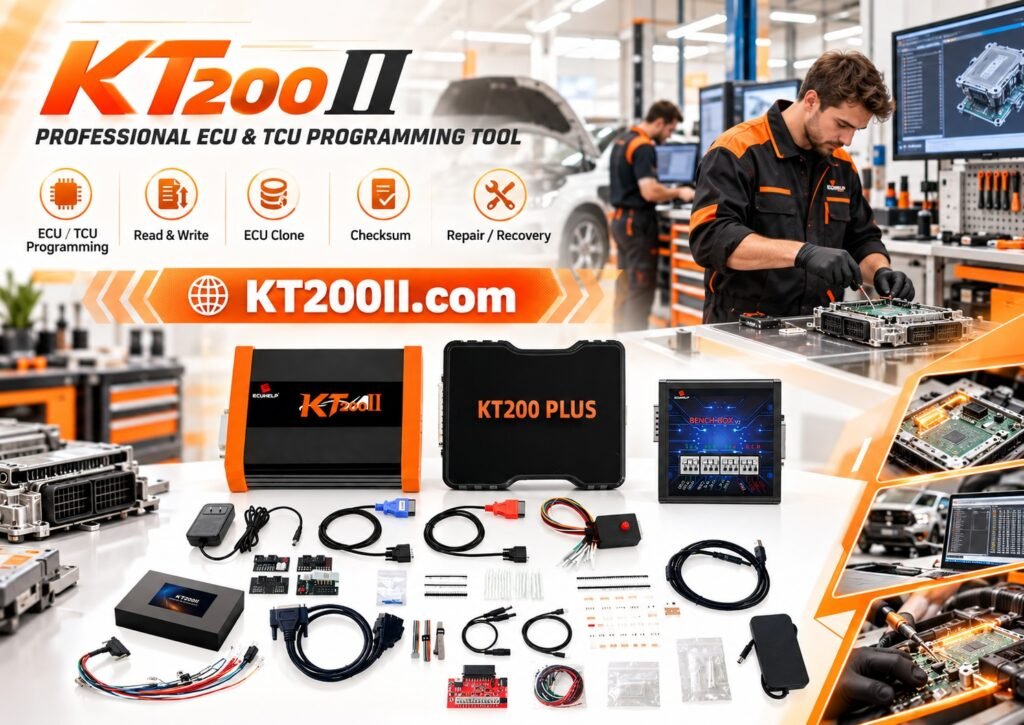 Automotive battery management system circuit board with battery monitoring ICs, memory chips and professional chip programming equipment on an electronics repair workbench