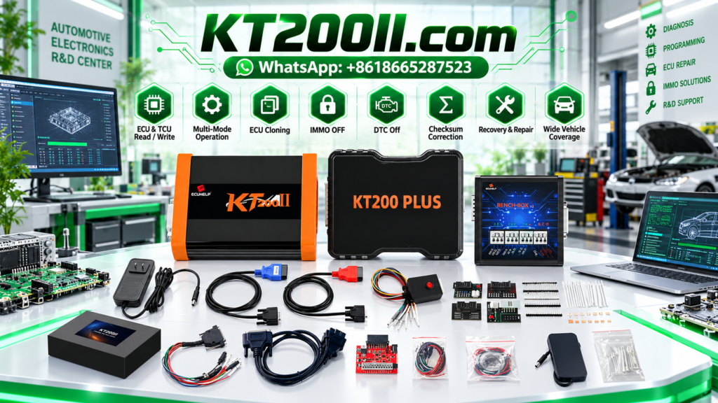 Automotive ECU CAN bus transceiver chip on a printed circuit board beside a digital oscilloscope and professional electronic repair equipment