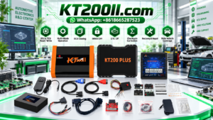 Automotive ECU CAN bus transceiver chip on a printed circuit board beside a digital oscilloscope and professional electronic repair equipment