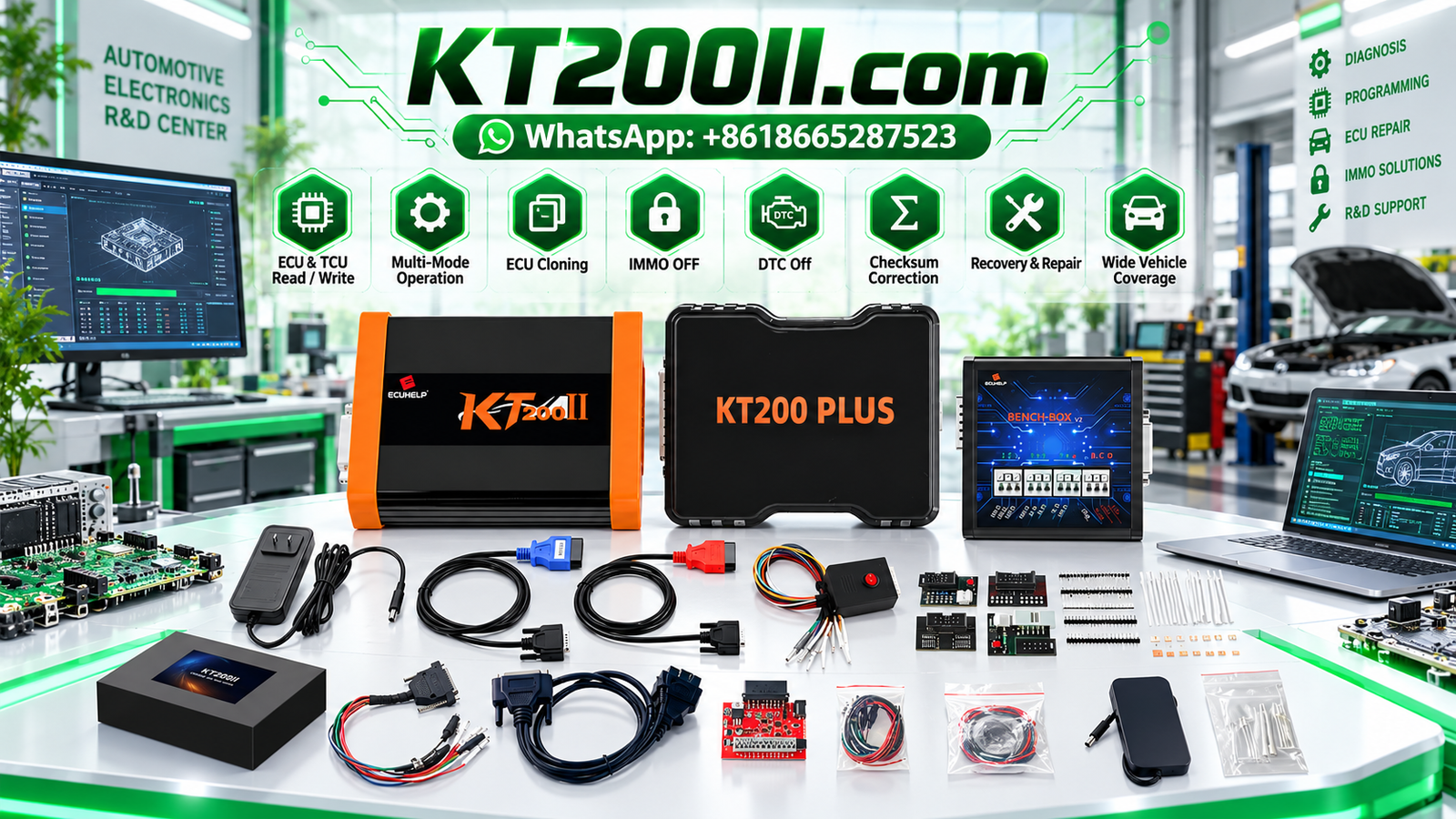 Automotive ECU CAN bus transceiver chip on a printed circuit board beside a digital oscilloscope and professional electronic repair equipment
