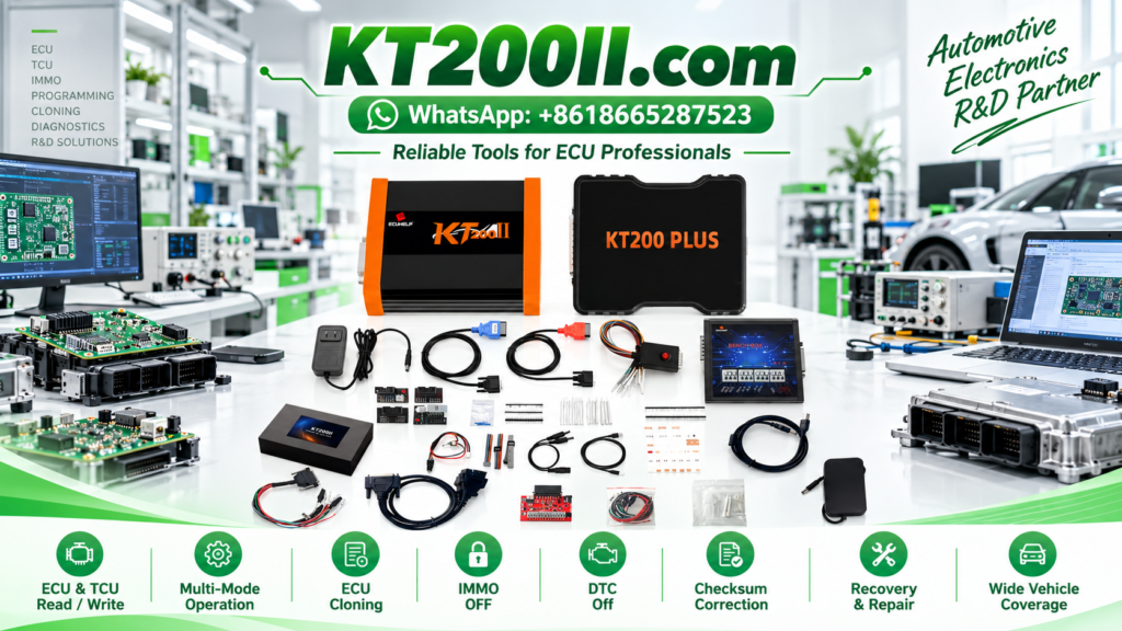 Automotive ECU printed circuit board with MOSFET power driver components and relay control circuitry under professional electronic diagnostic inspection