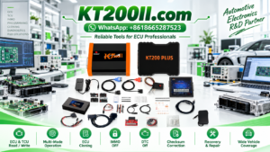 Automotive ECU printed circuit board with MOSFET power driver components and relay control circuitry under professional electronic diagnostic inspection